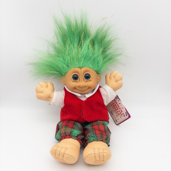 NEW Russ Christmas Caroling Trolls Harmony Boy 8” Plush Doll Green Tinsel Hair - Picture 1 of 9